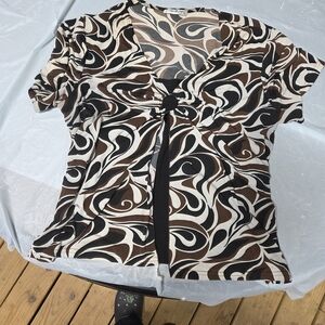 Claudia Richard Brown Black Cream Swirl Knot-Front Top